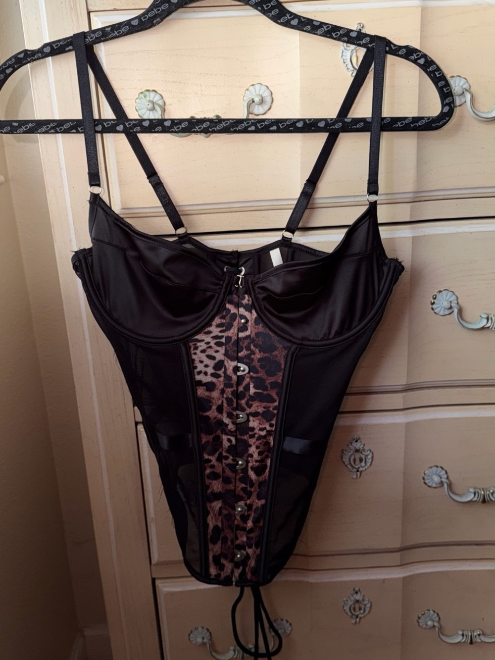 FASHION NOVA Black Satin Corset with Leopard Front Panel